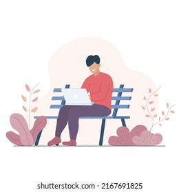 Man using laptop computer on street bench. Vector and Illustration.