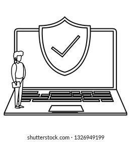 man using laptop computer with shield