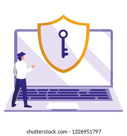 man using laptop computer with shield