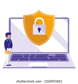 man using laptop computer with shield