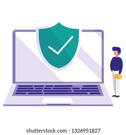 man using laptop computer with shield