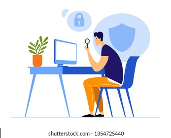 man using laptop computer with shield - Vector