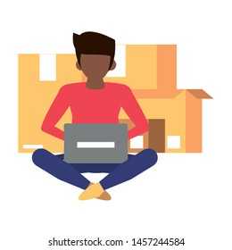 man using laptop computer technology for logistic and delivery tracing cartoon vector illustration graphic design