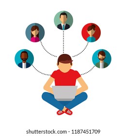 man using laptop connection group people