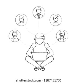 man using laptop connection group people