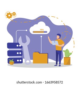 Mann mit Laptop steuert Datenspeicherung. Cloud Online-Datenspeicherungstechnologie. Cloud-Konzept, Backup-Konzept. Cloud-Daten schützen. Hosting mit Cloud-Datenspeicherung und Server.