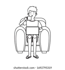 hombre que usa laptop y bebe café sentado en un sofá vectorial diseño de ilustración