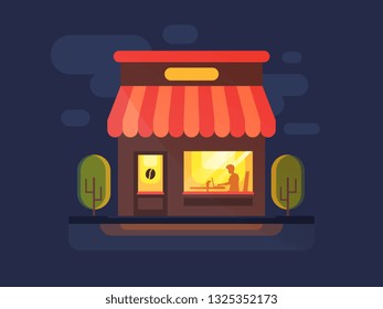 a man using a laptop enjoy a cup of coffee ,at cafe, SEO job, vector flat illustration