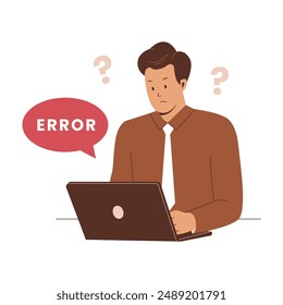 Man using laptop error concept. Illustrations for websites, landing pages, mobile applications, posters and banners. Trendy flat vector illustration