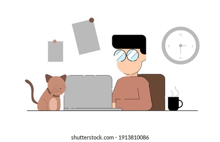 man using laptop flat vector illustration. Working from home, remote job. Online shopping