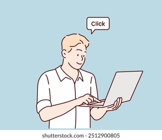 O homem está usando um laptop.
Ilustrações de design de vetor de estilo desenhado à mão.