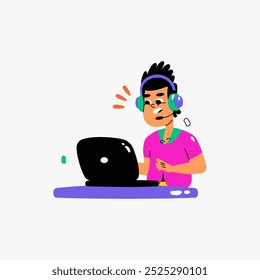 Man using laptop with headset in flat vector illustration symbolizing online work, communication, and technology, isolated on white background