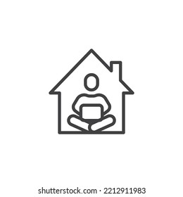 Man Using Laptop At Home Line Icon. Linear Style Sign For Mobile Concept And Web Design. Working At Home Outline Vector Icon. Symbol, Logo Illustration. Vector Graphics