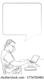 Man using laptop at home while sitting behind desk, looking on notes, thinking with speech bubble. Concept of people work mobile devices. Vector sketch, Hand drawn illustration
