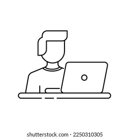 Man using laptop icon design. Blogger or user with laptop computer on remote work from home office icon. person at the desk with a workstation. vector illustration