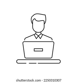 Man using laptop icon design. Blogger or user with laptop computer on remote work from home office icon. person at the desk with a workstation. vector illustration