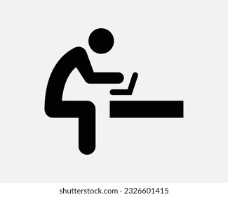 Mann mit Laptop-Icon Person Stick Abbildung Work Study Computer Cafe Sit Sitting Down Arbeiter Schwarz Weiß Grafik Clip Kunstwerk Symbol Zeichen Vektor EPS