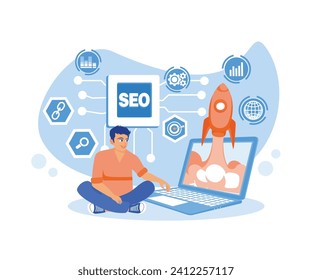 El hombre está usando una laptop para aumentar la clasificación de tráfico en el sitio web. Holograma del cohete SEO volando desde la pantalla del portátil. concepto SEO. Ilustración vectorial plana.