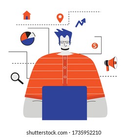 Hombre que usa laptop con ilustración vectorial de fondo infográfico. Diseño moderno de color plano. Promover el concepto de comercio de venta en línea.