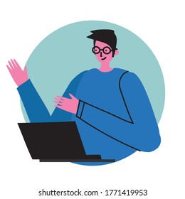 Man using laptop with infographic background vector illustration. Modern flat colorful design. Promote online sale commerce concept.