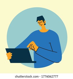 Hombre que usa laptop con ilustración vectorial de fondo infográfico. Diseño moderno de color plano. Promover el concepto de comercio de venta en línea.
