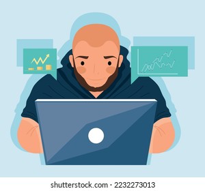 man using laptop and infographics character