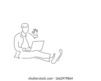 Hombre usando un dibujo de línea aislado de portátil, diseño de ilustración vectorial. Colección de tecnología.