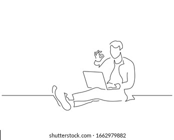 Man using a laptop isolated line drawing, vector illustration design. Technology collection.