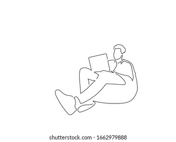 Hombre usando un dibujo de línea aislado de portátil, diseño de ilustración vectorial. Colección de tecnología.