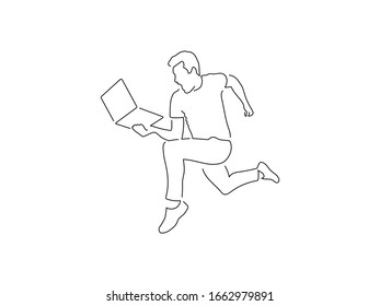 Man using a laptop isolated line drawing, vector illustration design. Technology collection.