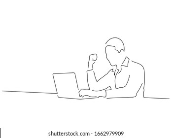 Man using a laptop isolated line drawing, vector illustration design. Technology collection.