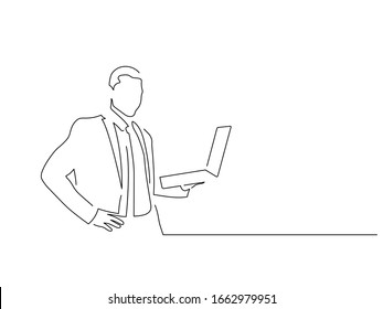 Man using a laptop isolated line drawing, vector illustration design. Technology collection.