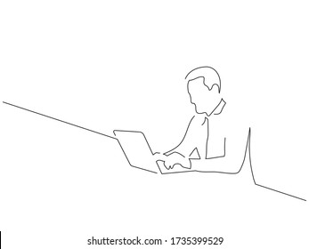 Man using a laptop isolated line drawing, illustration design.