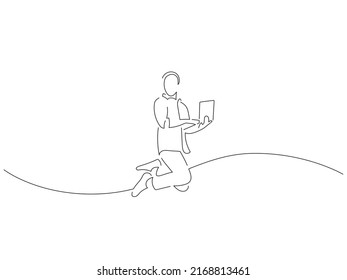 Man using a laptop in line art drawing style. Composition of a person jumping. Black linear sketch isolated on white background. Vector illustration design.