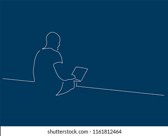 Man using a laptop line drawing over a color background, vector illustration design. People collection.
