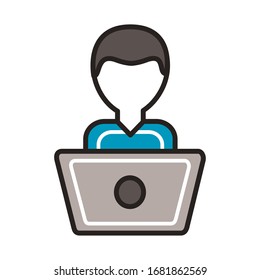 hombre que usa diseño de ilustración vectorial de línea de portátil y estilo de relleno