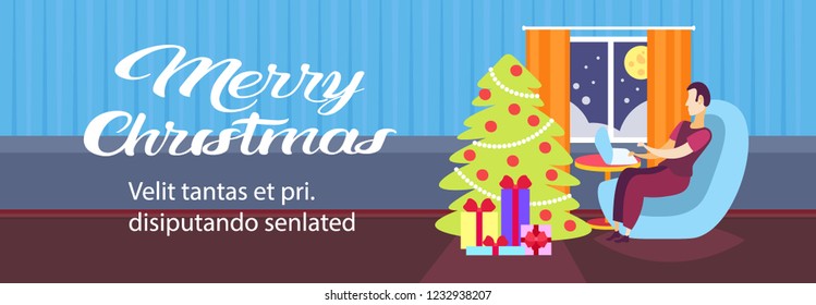 man using laptop in living room decorated merry christmas happy new year winter holiday concept fir tree home interior decoration flat horizontal copy space vector illustration