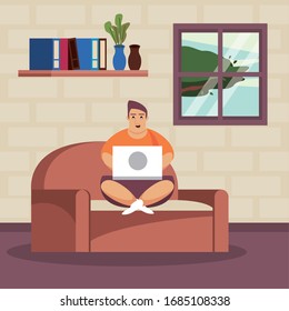 man using laptop in the livingroom vector illustration design