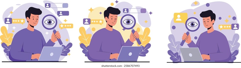 A man using a laptop with a magnifying glass analyzing user ratings and feedback representing digital reputation and online review monitoring