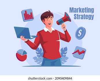 Man using laptop and megaphone Marketing strategy concept