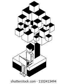 man using laptop near a isometric tree