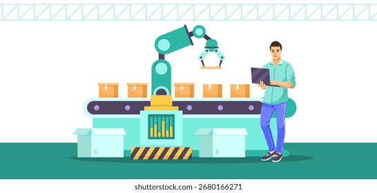 Hombre que usa la computadora portátil cerca del brazo robótico que coloca las cajas en la correa transportadora, estilo gráfico plano, fondo blanco, concepto de automatización y logística. Ilustración vectorial