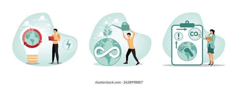 A man using a laptop near symbols of green energy and industry and a globe.  Emphasizing environmental protection with a globe. Resources reuse and reduce co2 emission and climate impact.