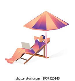 Man Using Laptop On The Beach Summer Vacations Illustration