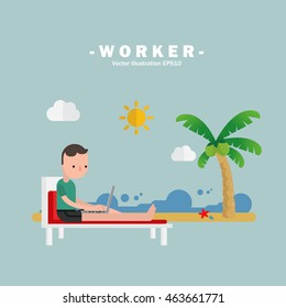 Man using laptop on the beach , Freelancer Concept