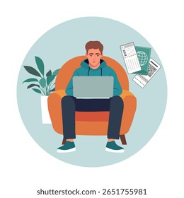 Homem usando laptop na cadeira com documentos de viagem e passaporte, conceito de trabalho remoto ou vetor de viagem