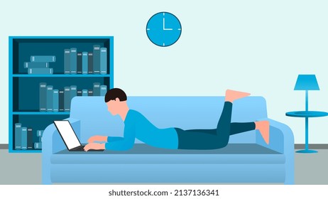 man using laptop on couch, work from home and flexible work hour character vector illustration.