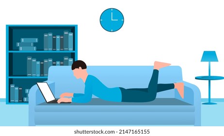 man using laptop on couch, work from home and flexible work hour character vector illustration.