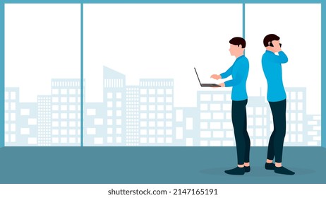 man using laptop and man on phone call, business concept vector character illustration on flat building background. 