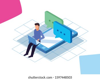 man using a laptop on smartphone device with speech bubbles over white background, colorful design, vector illustration